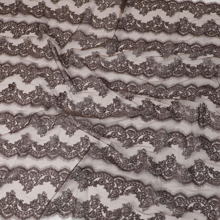 Umber brown nylon nylon tulle fabric with same tone metallic embroidery in floral design