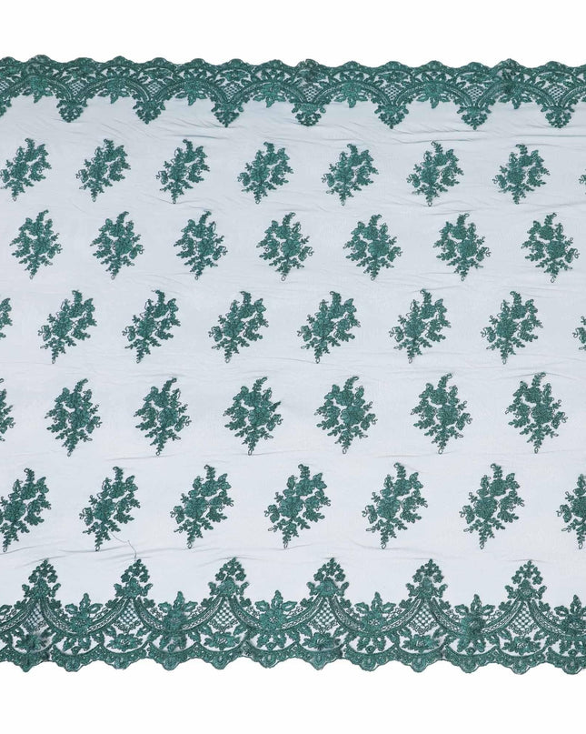 Petrol blue nylon tulle fabric with bottle green embroidery in floral design-D6686 Regal Fabrics