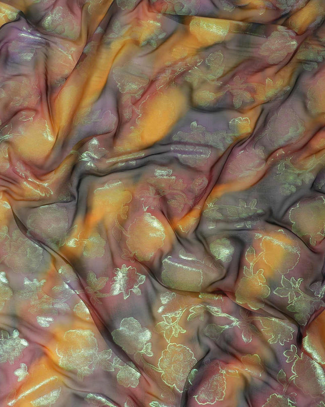 قماش شيفون حريري نقي فاخر متعدد الألوان مع لوريكس معدني أخضر نيون بتصميم زهور-D9283