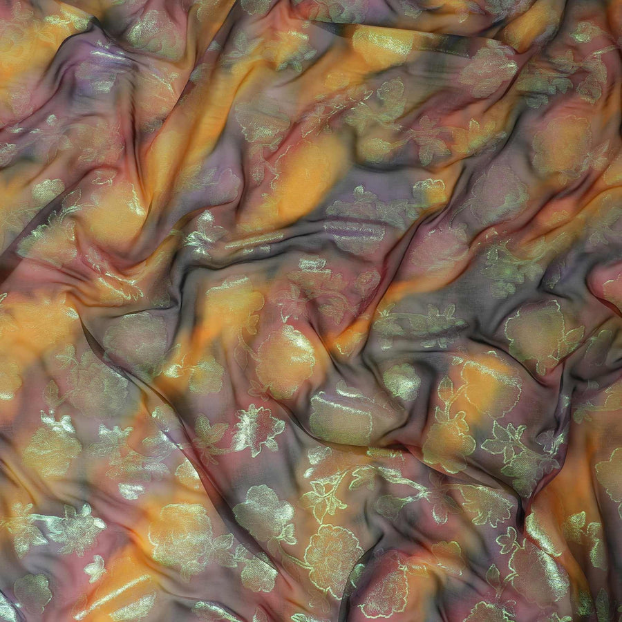 Multicolor Premium pure silk chiffon fabric with neon green metallic lurex in floral design-D9283