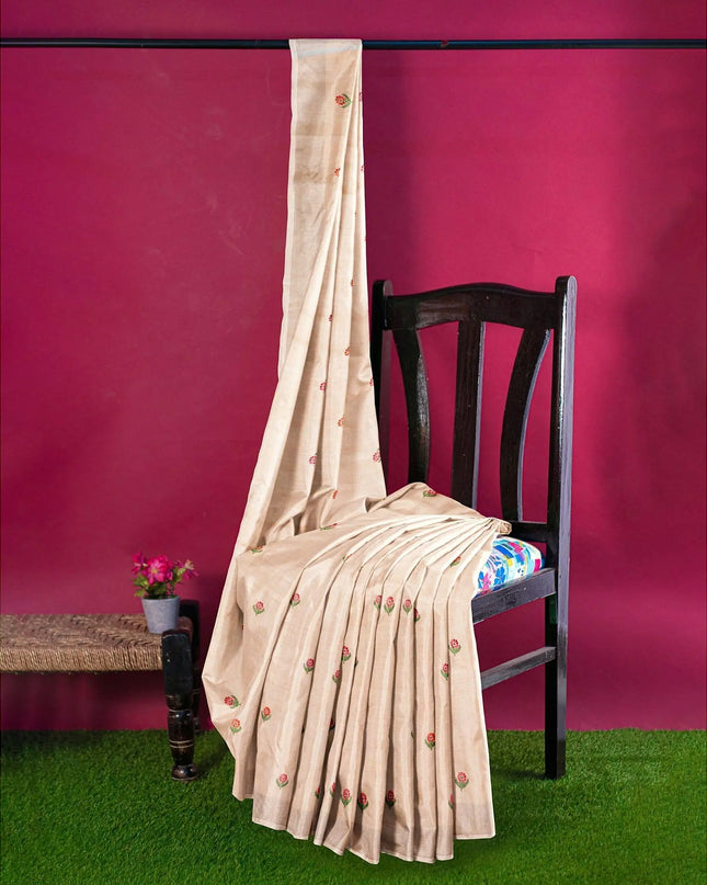 Peach linen saree with multicolor embroidery in floral design-D12799 Regal Fabrics