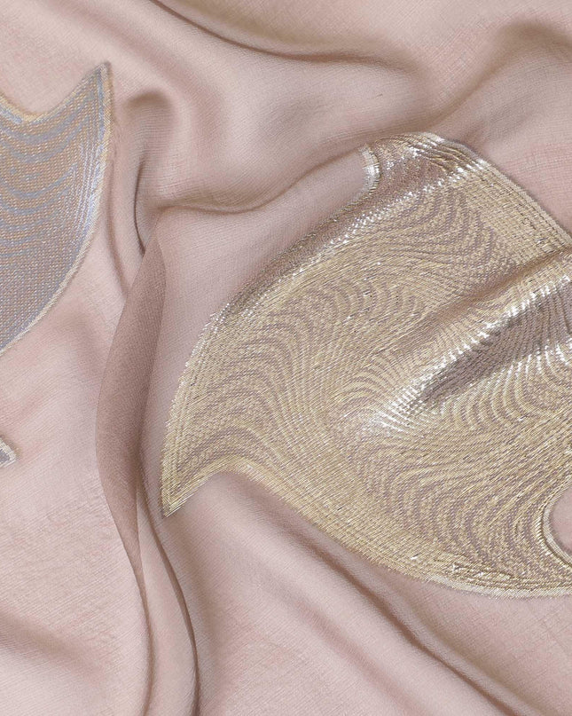 قماش شيفون من الحرير الخالص باللون البني الداكن مع الفيسكوز الأزرق الفاتح واللوركس المعدني الذهبي بتصميم تجريدي-D8789