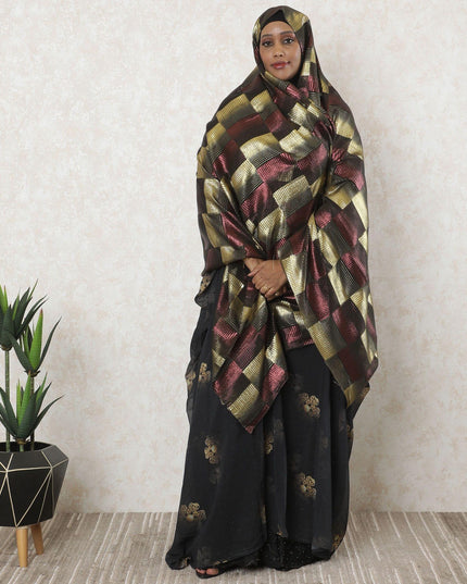 Black premium pure silk chiffon garbasaar with gold and cerise pink metallic lurex in checks design-D11600
