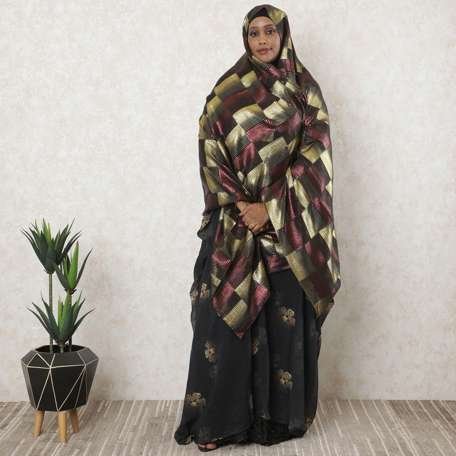 Black premium pure silk chiffon garbasaar with gold and cerise pink metallic lurex in checks design-D11600