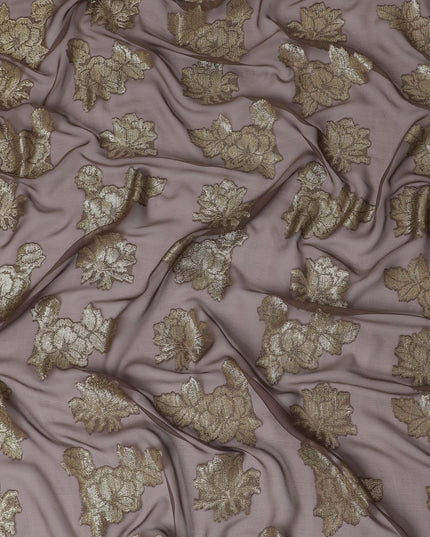 Brown premium pure French (Fransawi) silk chiffon fabric with gold metallic lurex in floral design-D14219