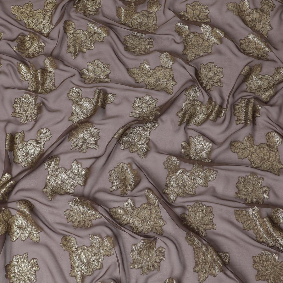 Brown premium pure French (Fransawi) silk chiffon fabric with gold metallic lurex in floral design-D14219