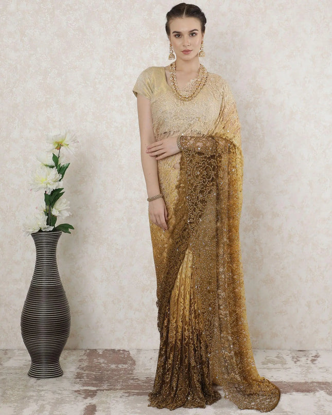 Gold to mustard brown Premium Pure French chantilly lace saree having stone work in Ombre design-D14490 Regal Fabrics
