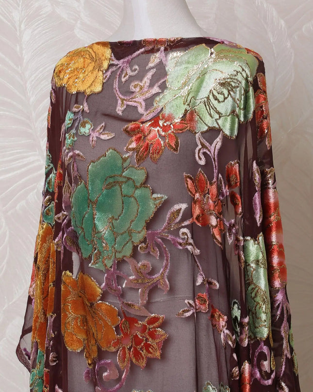 Dark brown, multicolor Premium pure silk blended velvet makmal dirac fabric with gold metallic lurex in floral design-D14868 Regal Fabrics