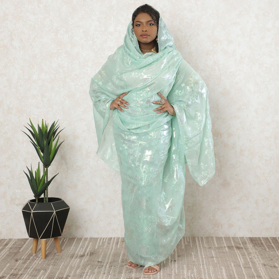 ثوب فيستا شيفون من الحرير الخالص الفاخر باللون الأخضر بنفس اللون والوركس المعدني باللون الأخضر النيون بتصميم الأزهار-D11666