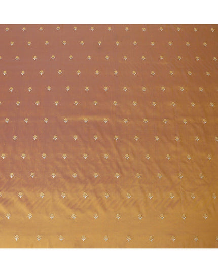 قماش من الحرير الخام باللون البني الصنوبر مع تطريز باللون البني والكريمي بتصميم الأزهار-11220