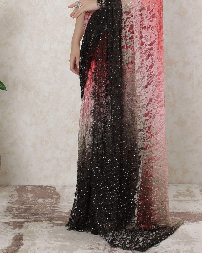 Multicolor Premium pure French chantilly lace saree having stone work in floral design-D14521