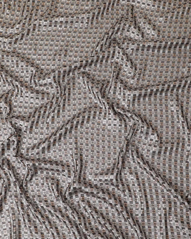 Black premium pure French (Fransawi) silk chiffon fabric with grey viscose having golden silver and copper brown metallic lurex in abstract design-D13850