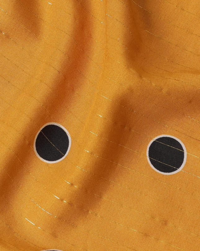 Fire yellow viscose crepe printed fabric with golden lurex in polka dot design-D11169 Regal Fabrics