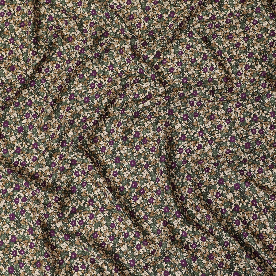 Forest green Premium Italian viscose fabric with pureple, beige and brown print in floral design-D12367