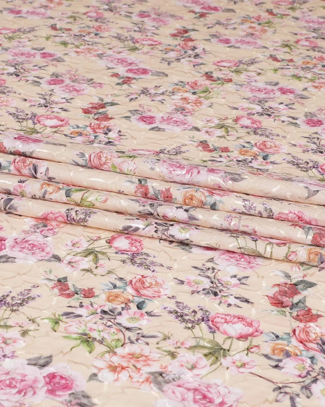 Moccasin yellow cotton lawn fabric with same tone embroidery having hot pink, off white, purple and olive green print in floral design-D7020 Regal Fabrics