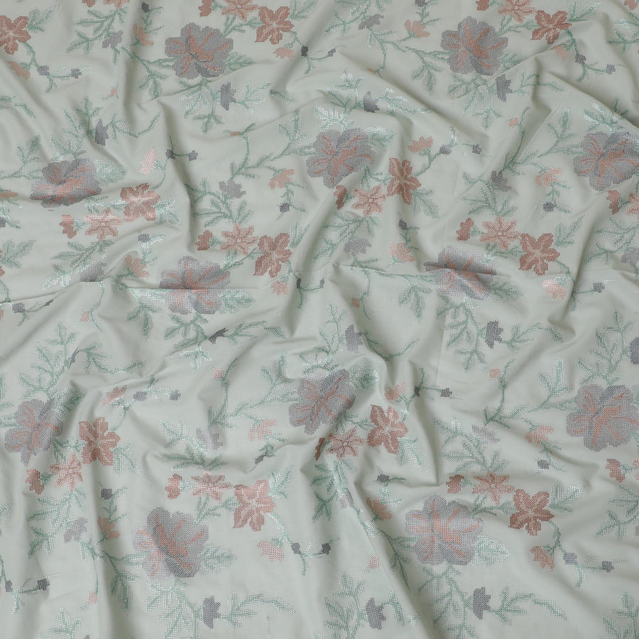 قماش فيستا فوال قطني أخضر بنفس اللون، تطريز رمادي وبني بتصميم زهور-D14477