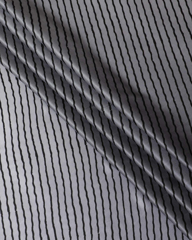 Iron grey premium pure silk satin fabric with black print in fancy design-D12513