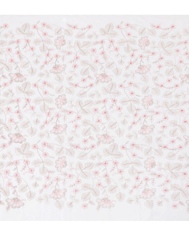 قماش فوال من القطن الخالص الأبيض الفاخر مع تطريز باللونين البني والوردي الصغير بتصميم الأزهار-D15234