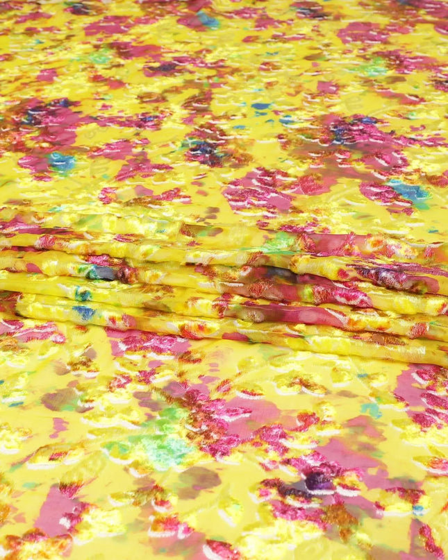 Sunflower yellow Italian Premium silk chiffon dirac (makmal) fabric with multicolor print and velvet jacquard in floral design-D8661 Regal Fabrics