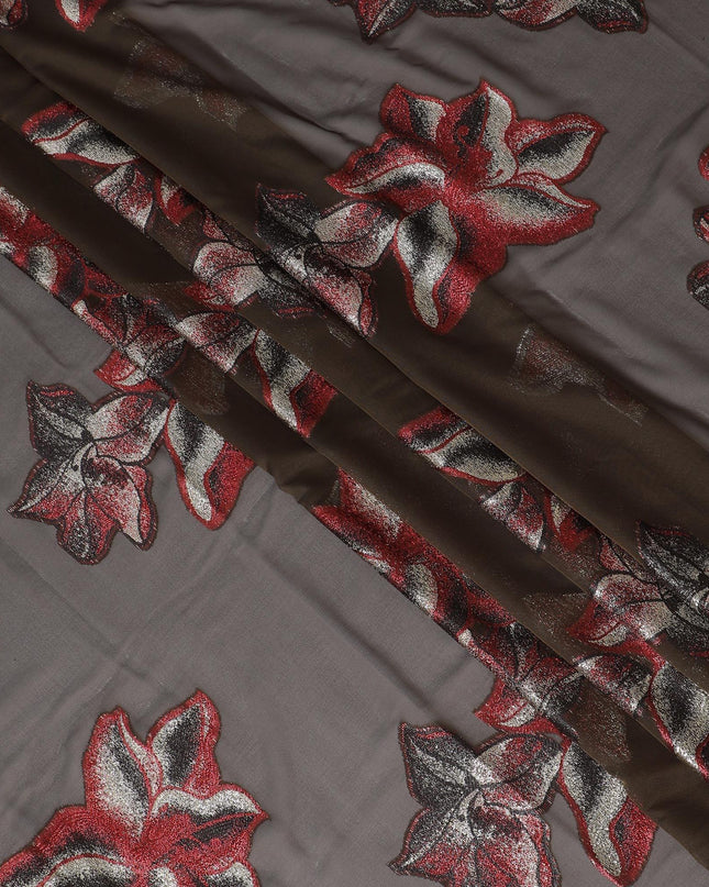 قماش شيفون من الحرير الخالص (Dirac) باللون البني مع لوريكس معدني باللون الأحمر القرمزي والذهبي والأسود بتصميم فاخر -D13407