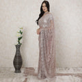 Pastel pink, copper, silver Premium Pure French metallic chantilly lace saree having stone work in floral design-D14480