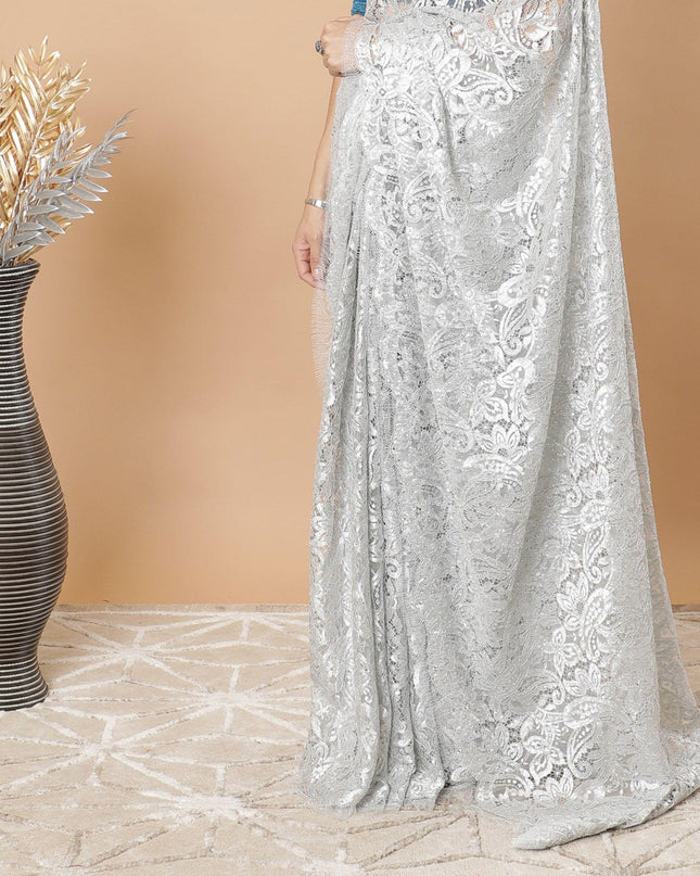 Pearl river grey, Silver Premium metallic French chantilly lace saree having stone work in floral design-D8763S