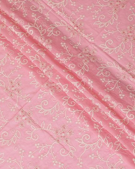 قماش الفوال القطني الخالص الفاخر باللون الوردي السلمون بنفس اللون والتطريز البيج بتصميم الأزهار-D13598