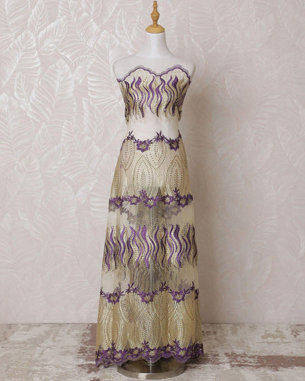 Gold nylon tulle fabric with same tone, purple embroidery having stone work in fancy design-D14760