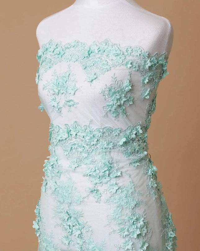 Powder blue nylon tulle fabric with same tone embroidery, pearls having turquoise green 3d flowers in floral design-D7743 Regal Fabrics