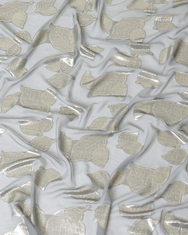 قماش شيفون من الحرير الخالص باللون الرمادي الحجري مع لوريكس معدني ذهبي بتصميم Leaf-D9716