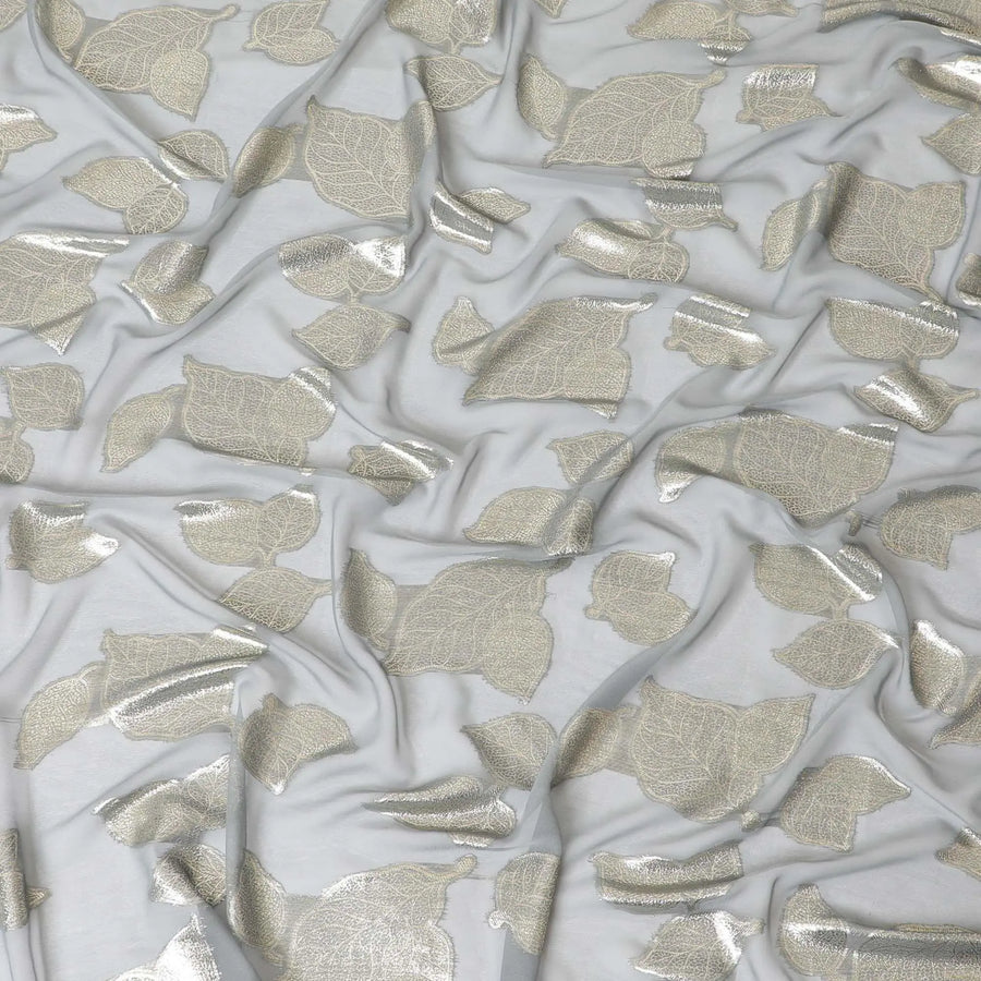 Stone grey Premium pure silk chiffon fabric with gold metallic lurex in Leaf design-D9716 Regal Fabrics