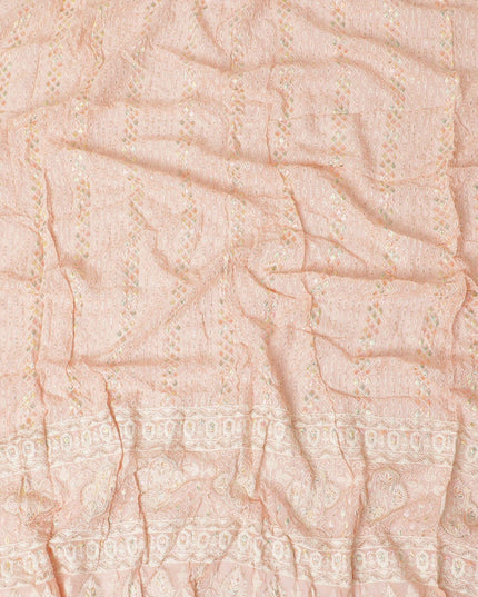 Peach premium synthetic georgette fabric with multicolor embroidery having gold metallic lurex in chikankari design-12450 Regal Fabrics