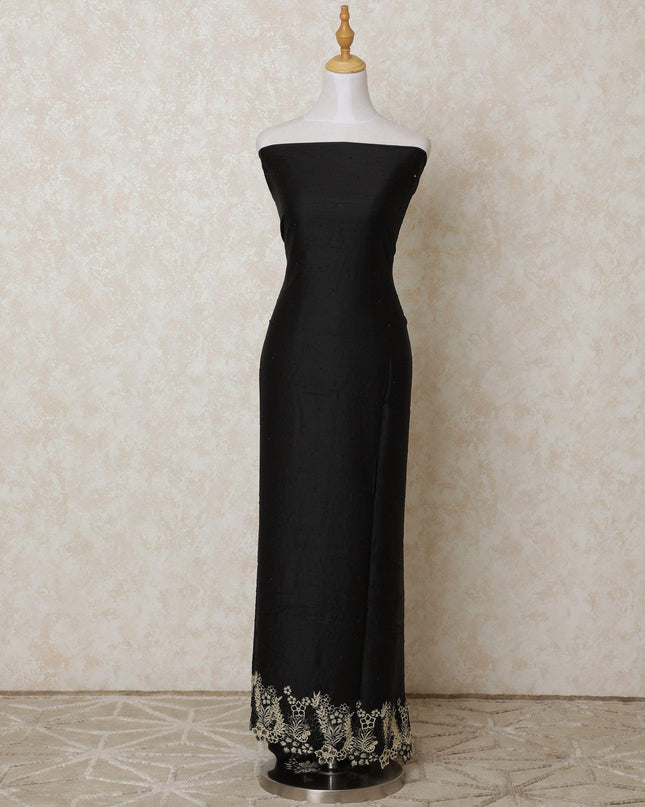 Black blended cotton lawn fabric with black and gold border guipure embroidery having stone work in floral design-D12118