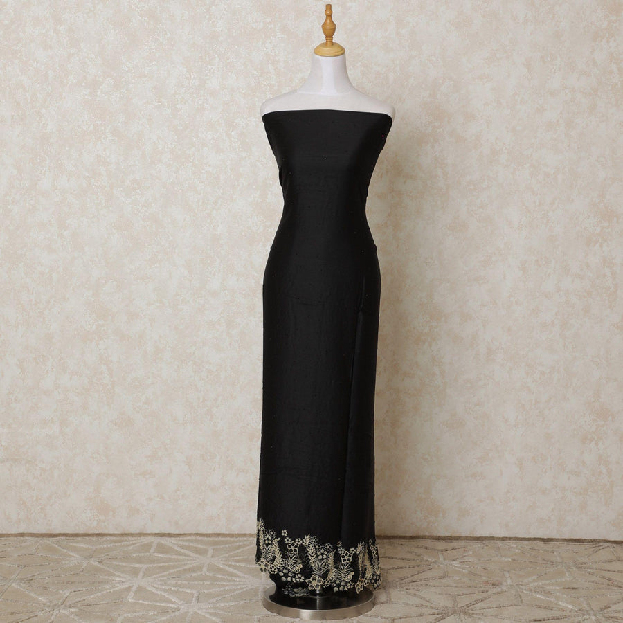 Black blended cotton lawn fabric with black and gold border guipure embroidery having stone work in floral design-D12118