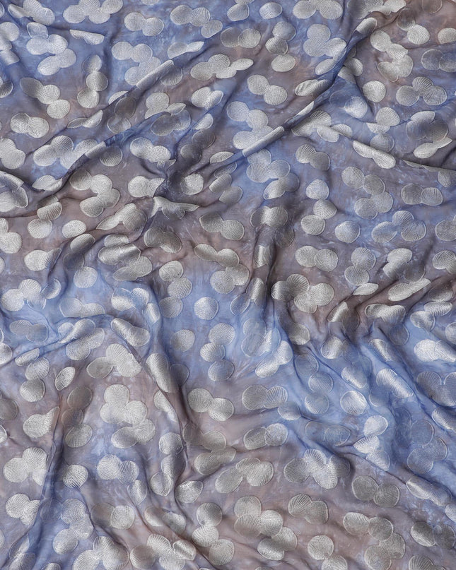 Blue premium pure silk chiffon fabric with multicolor print having silver viscose in dot design-D13115
