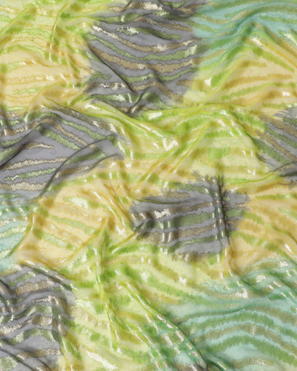 Lime green Premium pure French (Fransawi) silk chiffon fabric with gold metallic lurex in floral design-D14021