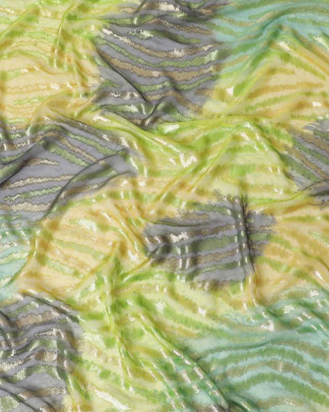 Lime green Premium pure French (Fransawi) silk chiffon fabric with gold metallic lurex in floral design-D14021