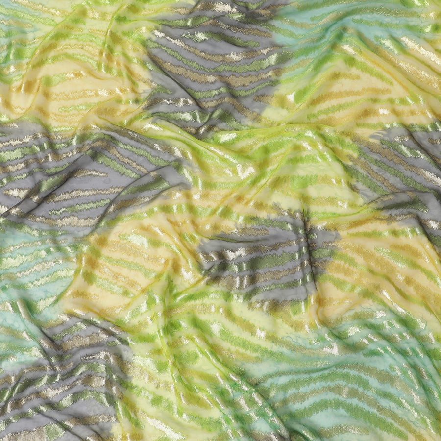 Lime green Premium pure French (Fransawi) silk chiffon fabric with gold metallic lurex in floral design-D14021