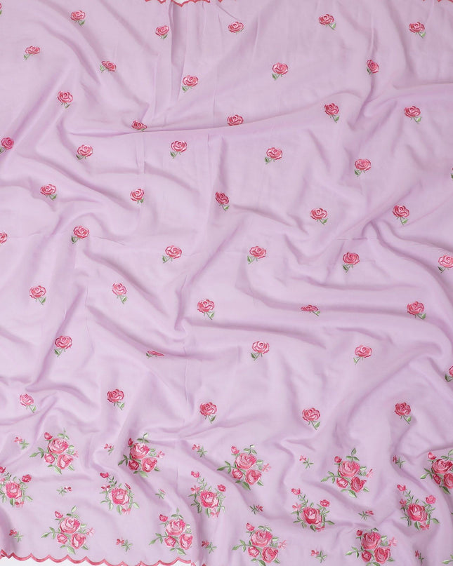 Light lavender cotton voile fabric with hot pink and sage green embroidery in floral design-D12463