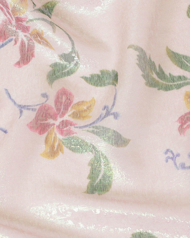 Light pink Premium pure silk chiffon fabric with multicolor print having pastel green metallic lurex in floral design-D8882