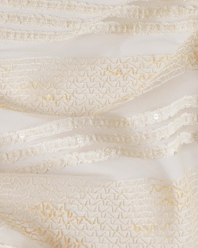 Light gold nylon tulle fabric with same tone embroidery and sequins in stripe design-D6667