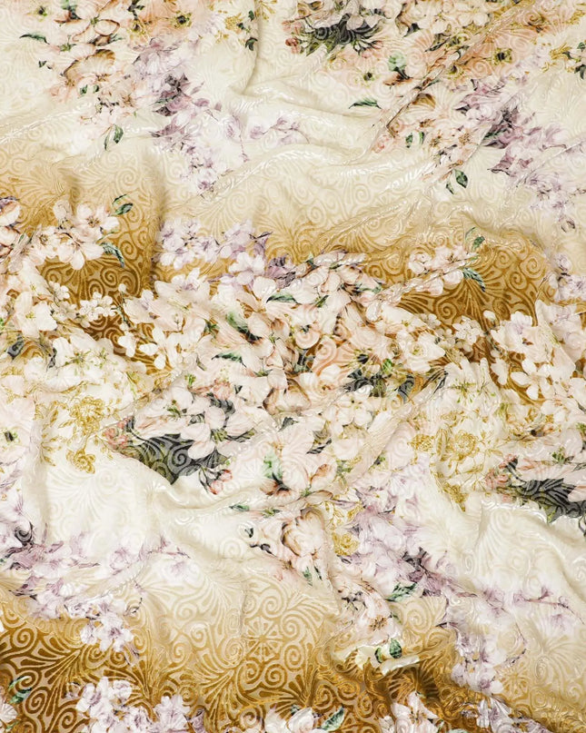 White Premium Italian silk chiffon dirac (makmal) fabric with multicolor print having velvet jacquard in floral design-D8697 Regal Fabrics