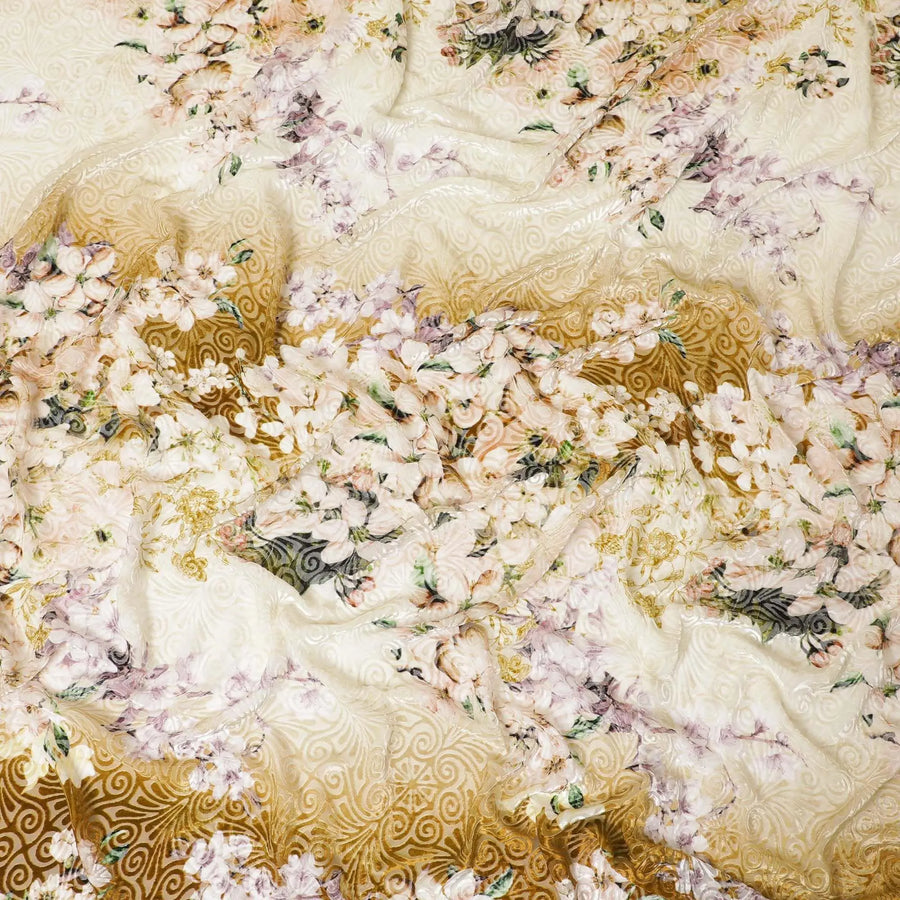 White Premium Italian silk chiffon dirac (makmal) fabric with multicolor print having velvet jacquard in floral design-D8697 Regal Fabrics