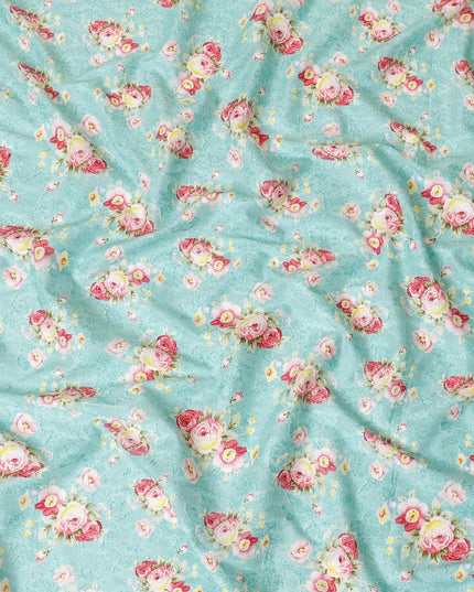 Baby blue uragiri cotton voile fabric with same tone jacquard having olive green, cerise pink, off white and sun flower yellow print in floral design-D7349