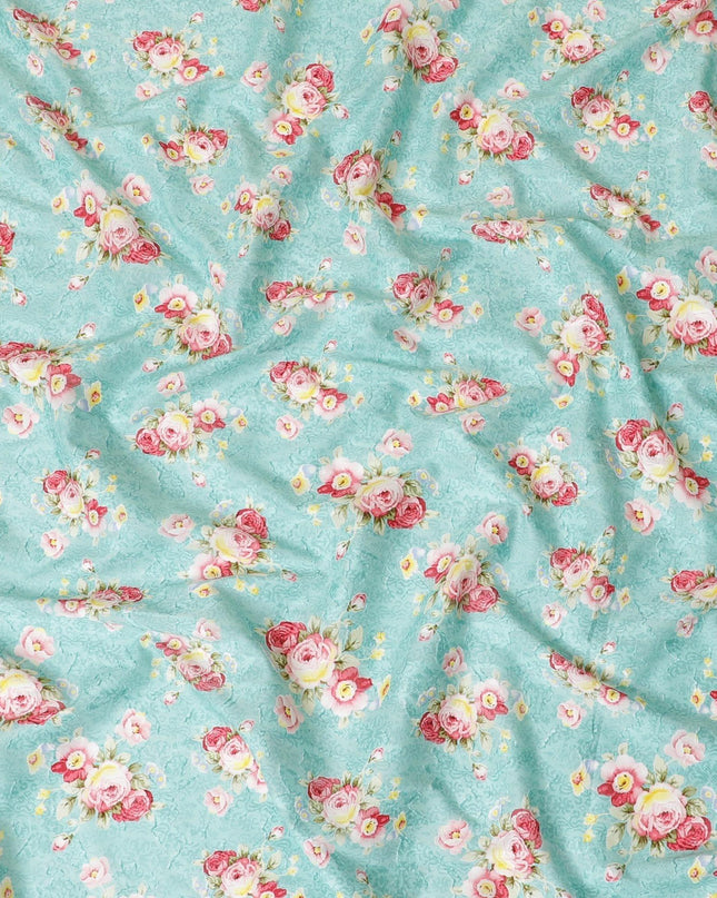 Baby blue uragiri cotton voile fabric with same tone jacquard having olive green, cerise pink, off white and sun flower yellow print in floral design-D7349