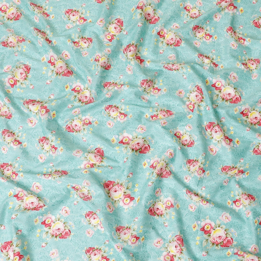 Baby blue uragiri cotton voile fabric with same tone jacquard having olive green, cerise pink, off white and sun flower yellow print in floral design-D7349