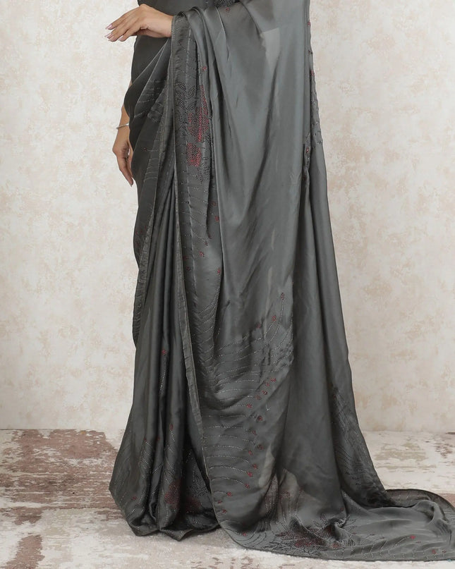 Stone grey Premium pure silk satin saree having white and red stone work in floral design-D13488 Regal Fabrics