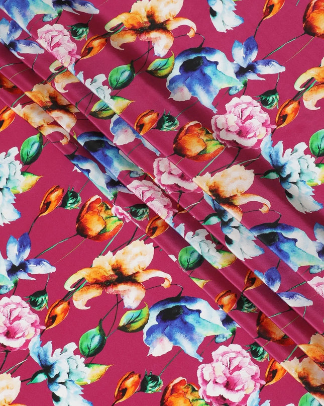 Dark cerise pink synthetic crepe fabric with multicolor print in floral design-D14462 Regal Fabrics