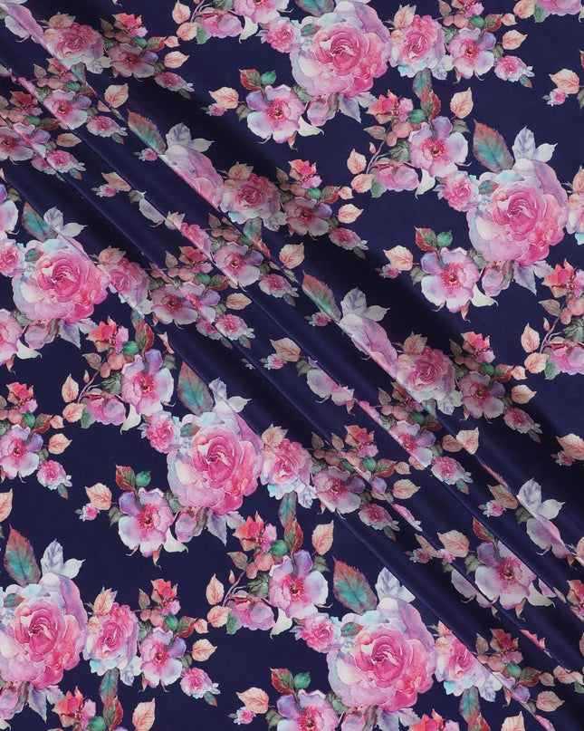 Navy blue synthetic crepe fabric with multicolor print in floral design-D14461 Regal Fabrics