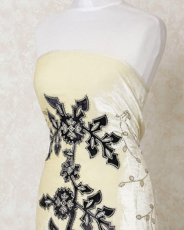 Blonde yellow silk blended velvet fabric with black patch work embroidery having stone in fancy design-D12013